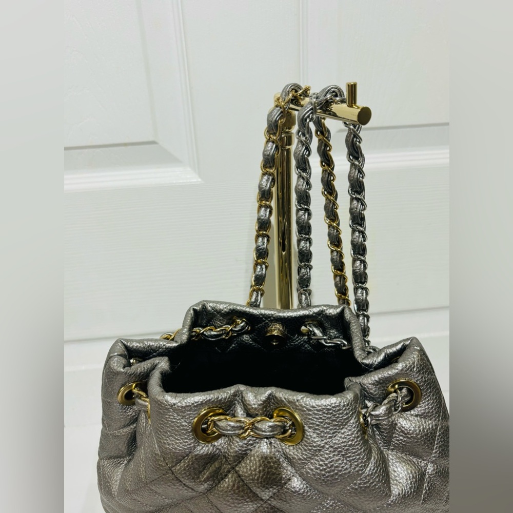Quilted Metallic Silver Drawstring Backpack - Picture 5 of 10